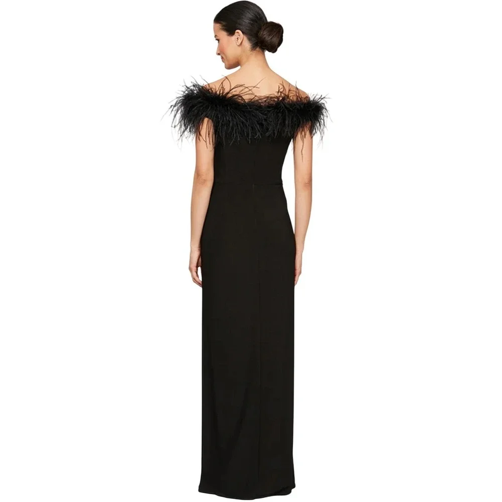 Alex Evenings Gianna Black Ostrich Feather Off The Shoulder Jersey Gown 12 NWT‎
